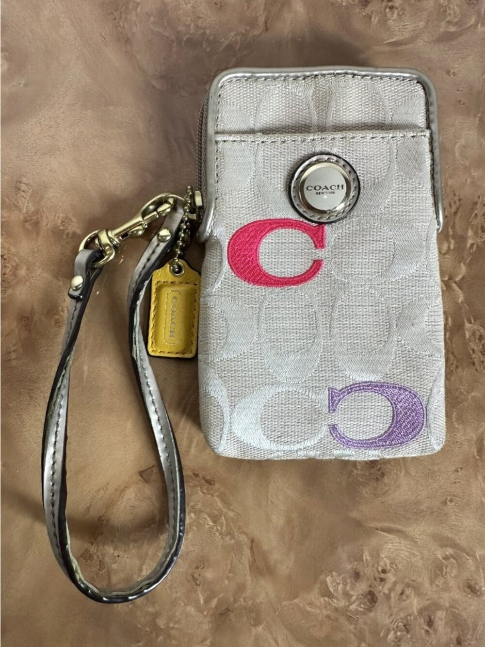 Coach Silver Signature Multicolor Embroidered C Wristlet Phone Case Wallet